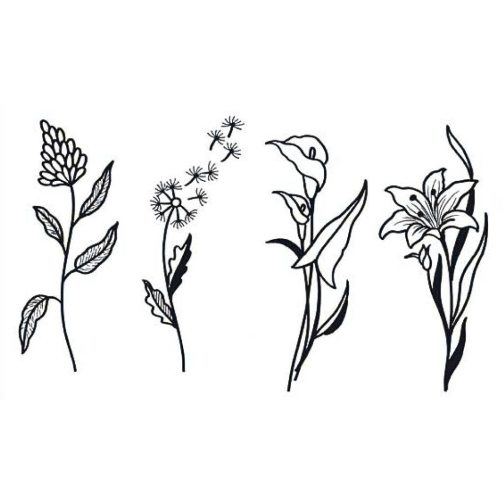 Linework botanical tattoo set on white background: lily, calla lily, dandelion with seeds, and leafy berry branch.