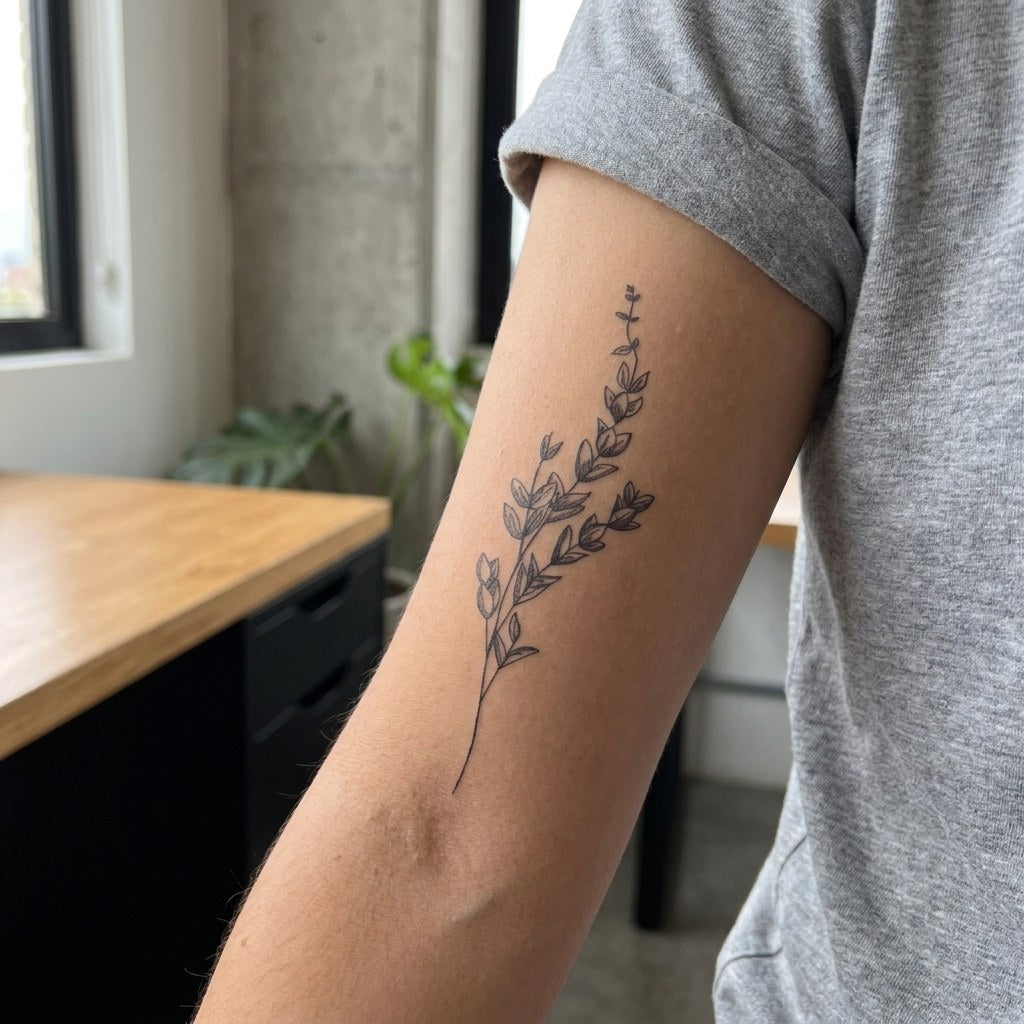 Fineline botanical wildflower stems temporary tattoo — leafy sprig and flowering branch in sketch linework on white background.