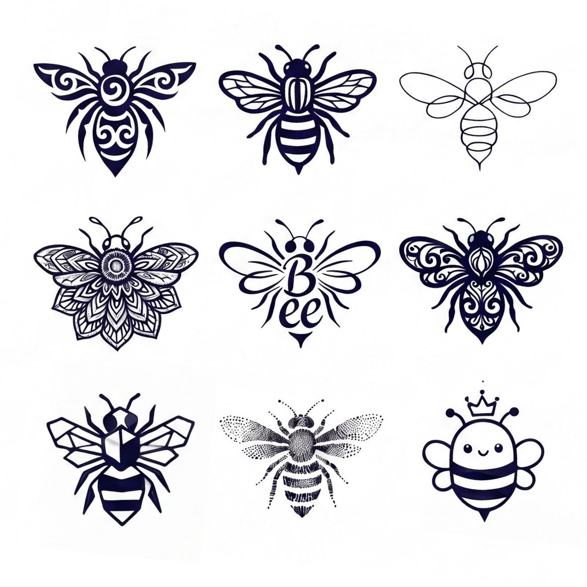 Bee Tattoo Set — 9 Designs - 1 | Temporalis