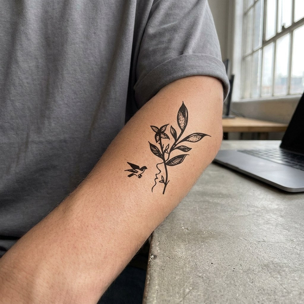 Botanical Branch with Bird Tattoo - 1 | Temporalis