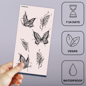 Butterflies & Feathers Temporary Tattoo, Fine Line Dotwork - 3 | Temporalis