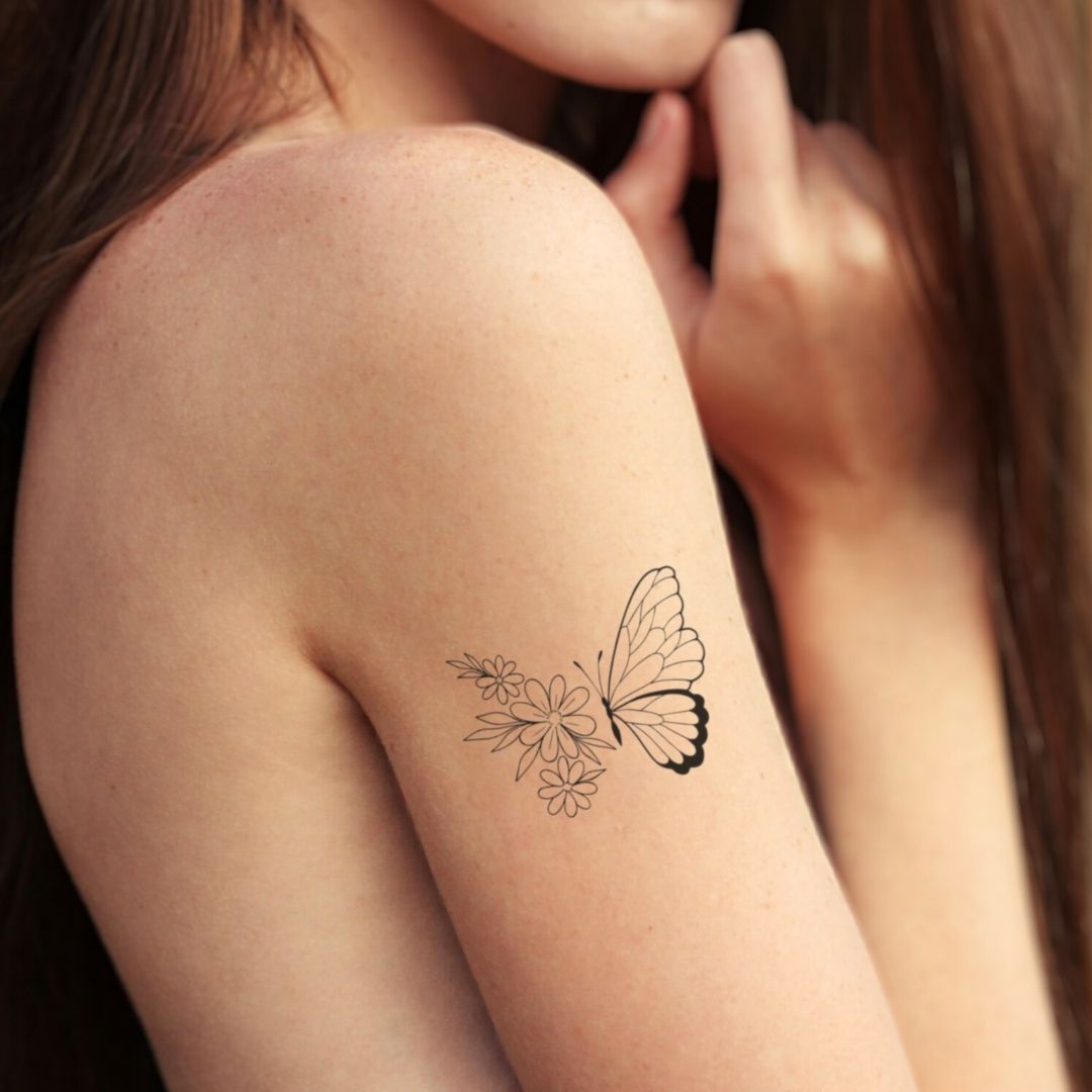 Butterfly and flowers fine line temporary tattoo - 1 | Temporalis