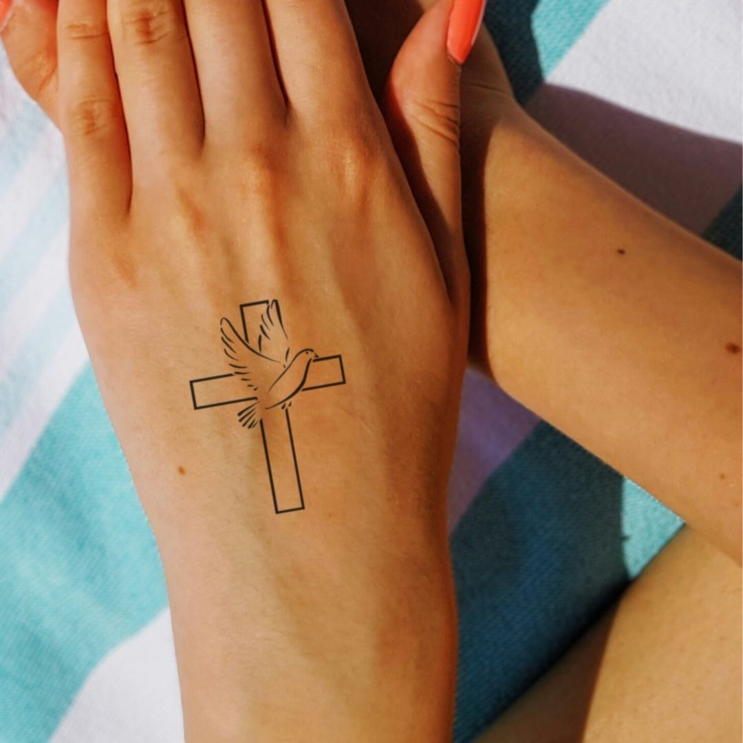 Dove and cross temporary tattoo, fine line - 1 | Temporalis