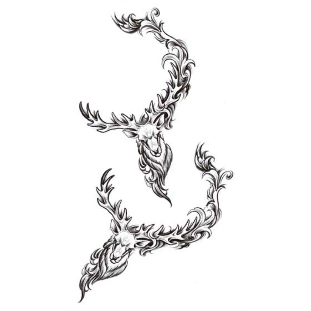 Dual Stag Head Ornamental Tattoo - 2 | Temporalis