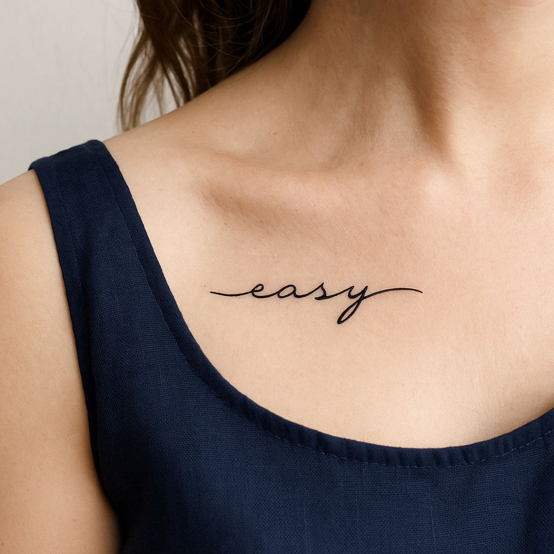 easy' cursive script temporary tattoo - 1 | Temporalis