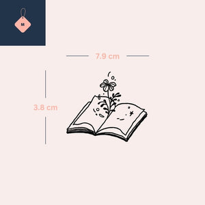 Fine line flower growing from an open book temporary tattoo - 4 | Temporalis