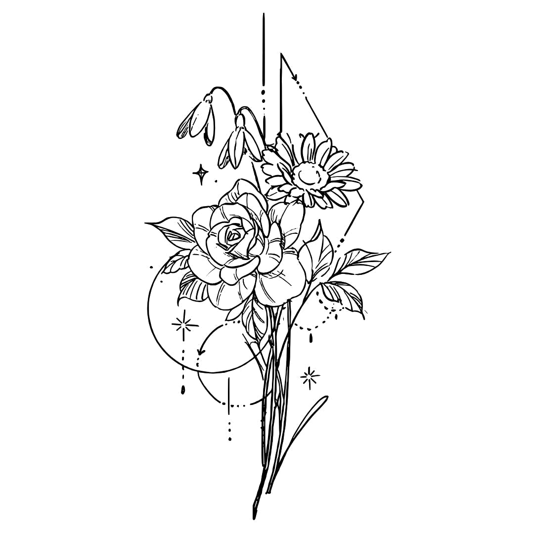 Floral bouquet with geometric shapes temporary tattoo - 2 | Temporalis