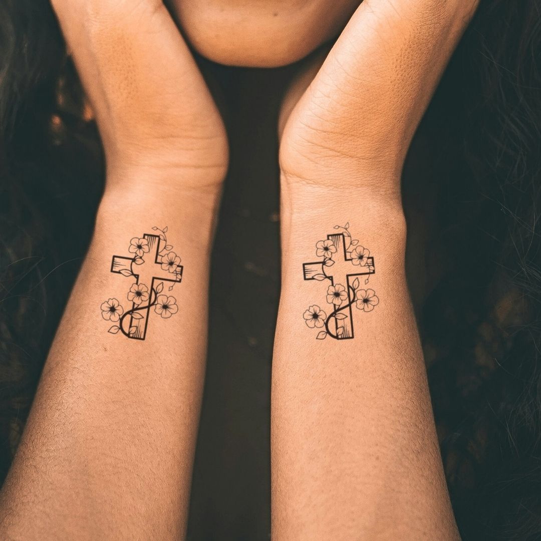 Floral cross temporary tattoo with vines - 1 | Temporalis