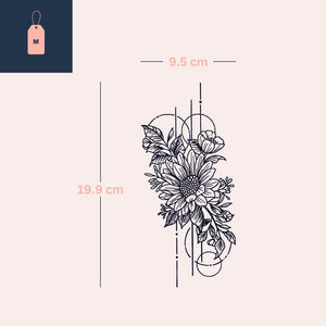 Ramo geométrico de girasoles 2 - Temporalis® - Tatuaje temporal