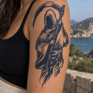 Tatuaggio Morte con la falce impugnata a due mani, effetto xilografia - 1 | Temporalis