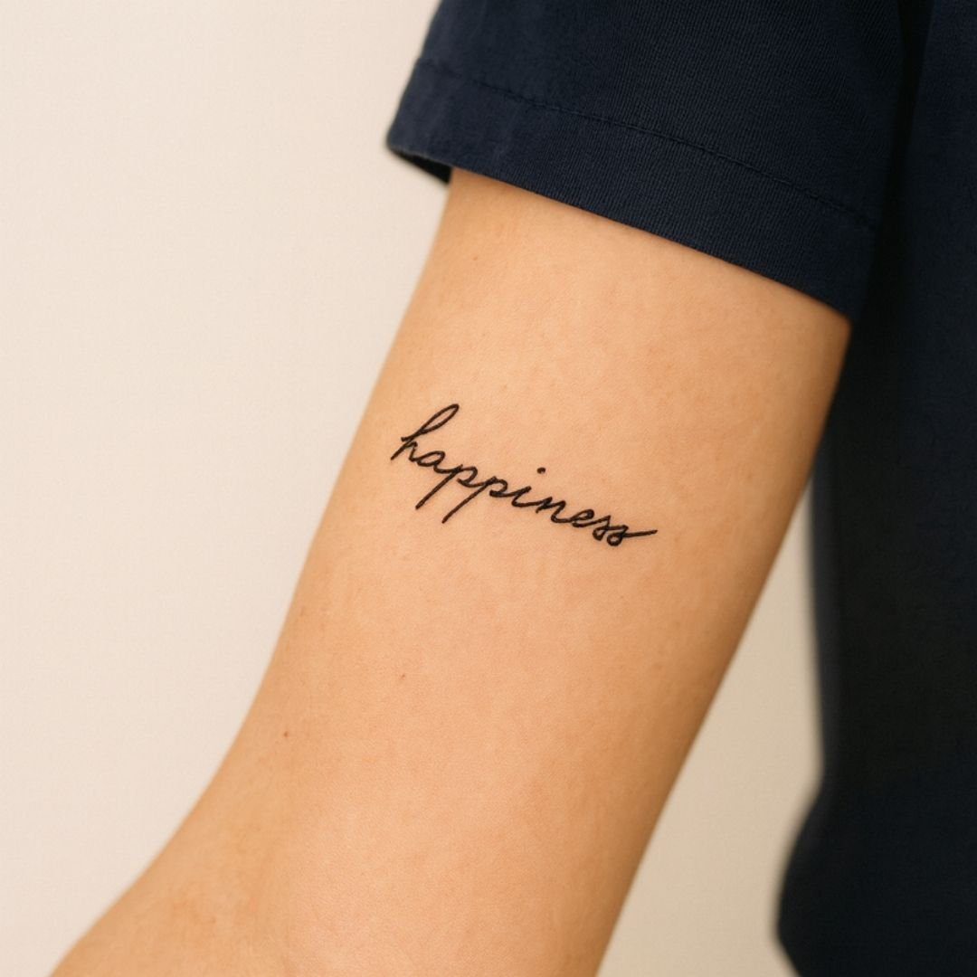 Happiness cursive script temporary tattoo - 1 | Temporalis