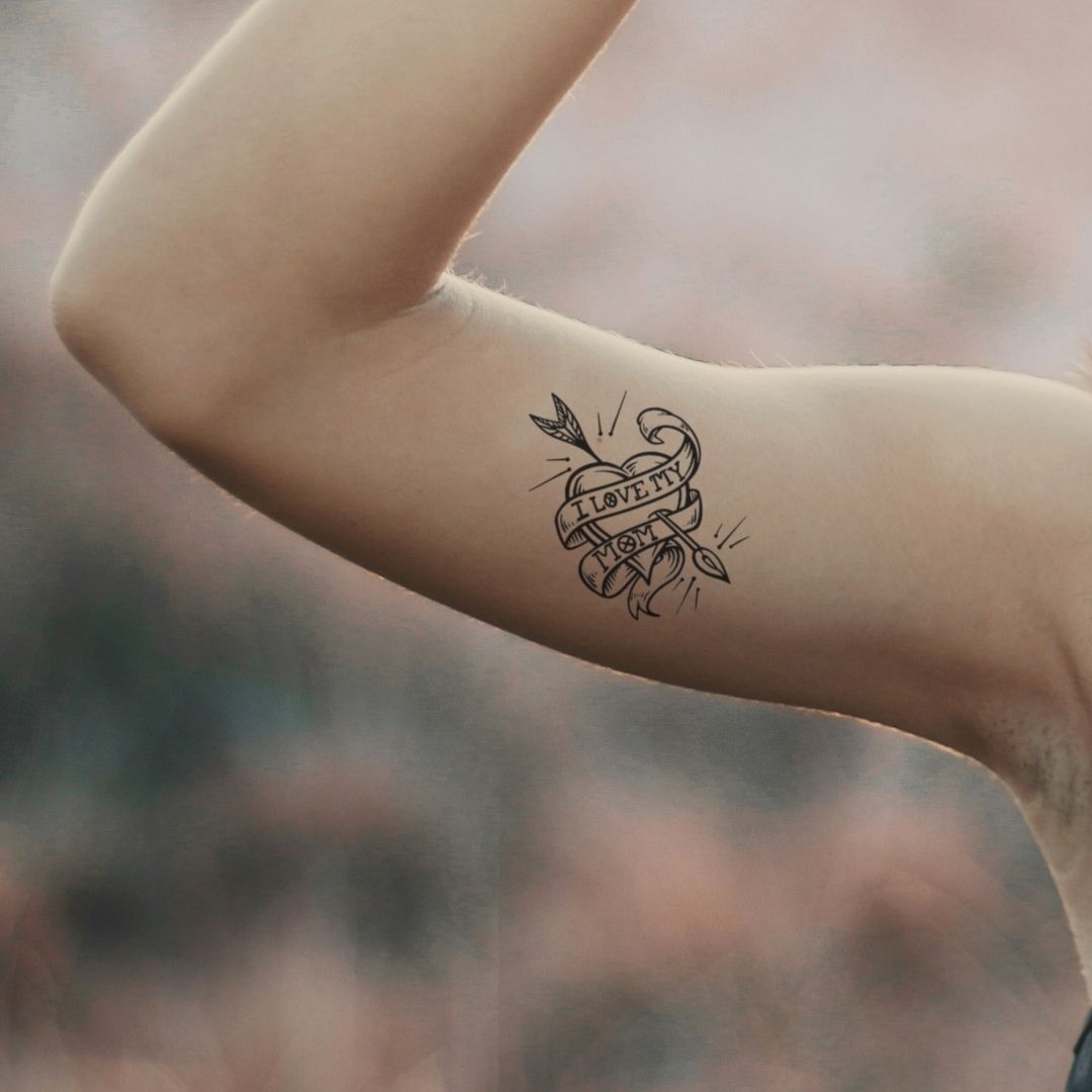I Love My Mom Heart & Arrow Temporary Tattoo - 1 | Temporalis