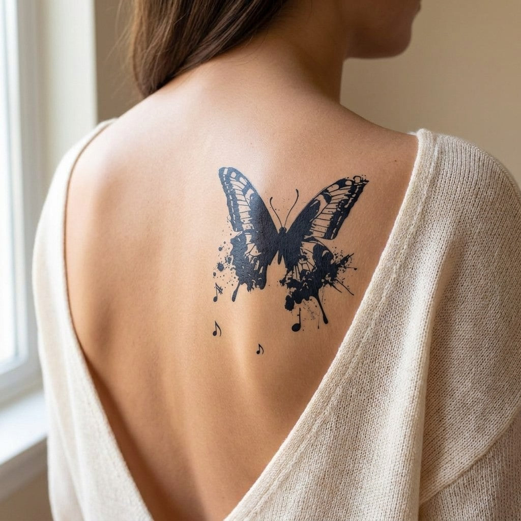 Butterfly & Music Notes Tattoo | Temporalis