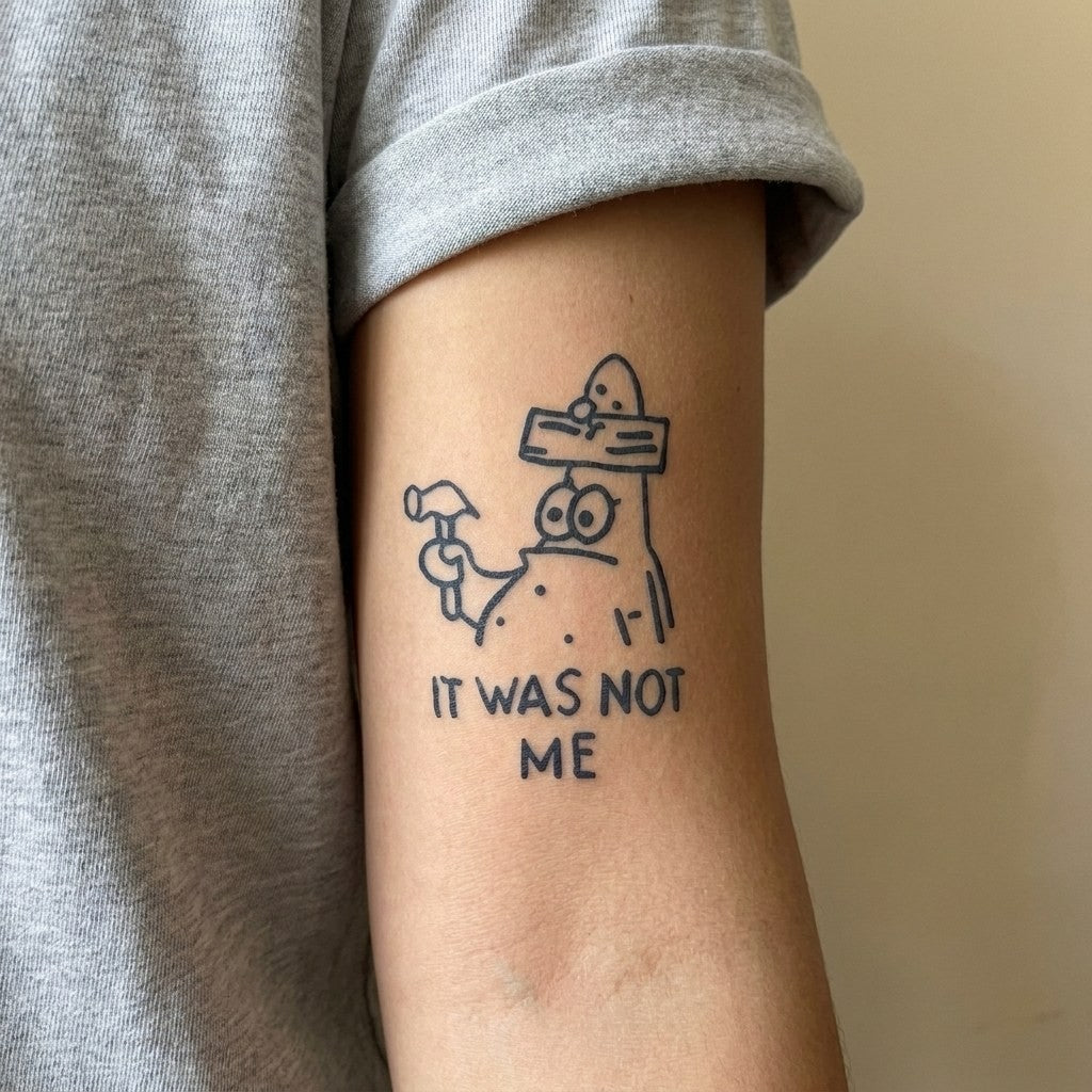 Tatuering ”IT WAS NOT ME” med sjöstjärna inspirerad av Patrick | Temporalis