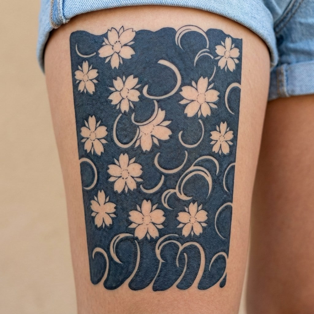 Tatuering med körsbärsblommor i svart block och vågor nederst | Temporalis