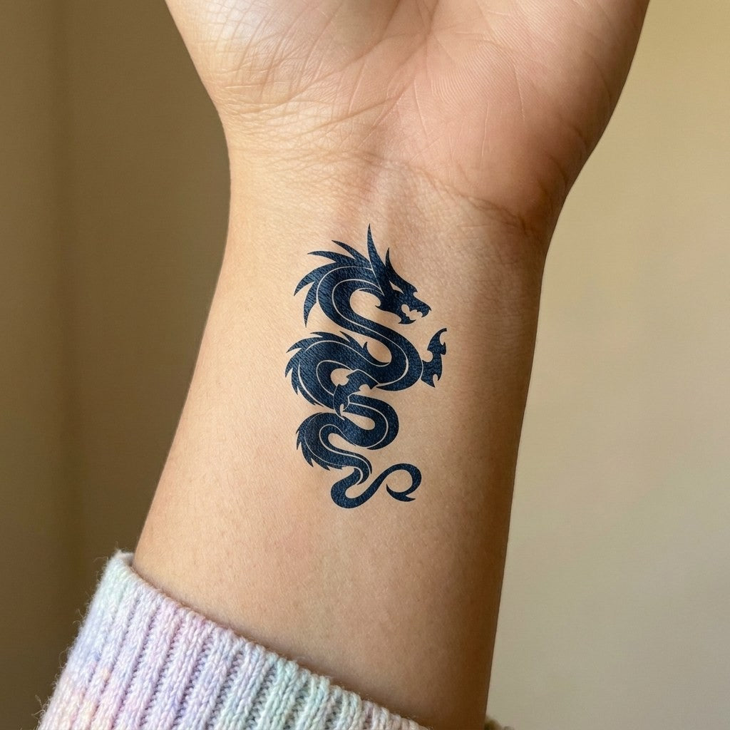 Tatouage dragon tribal en silhouette noire | Temporalis