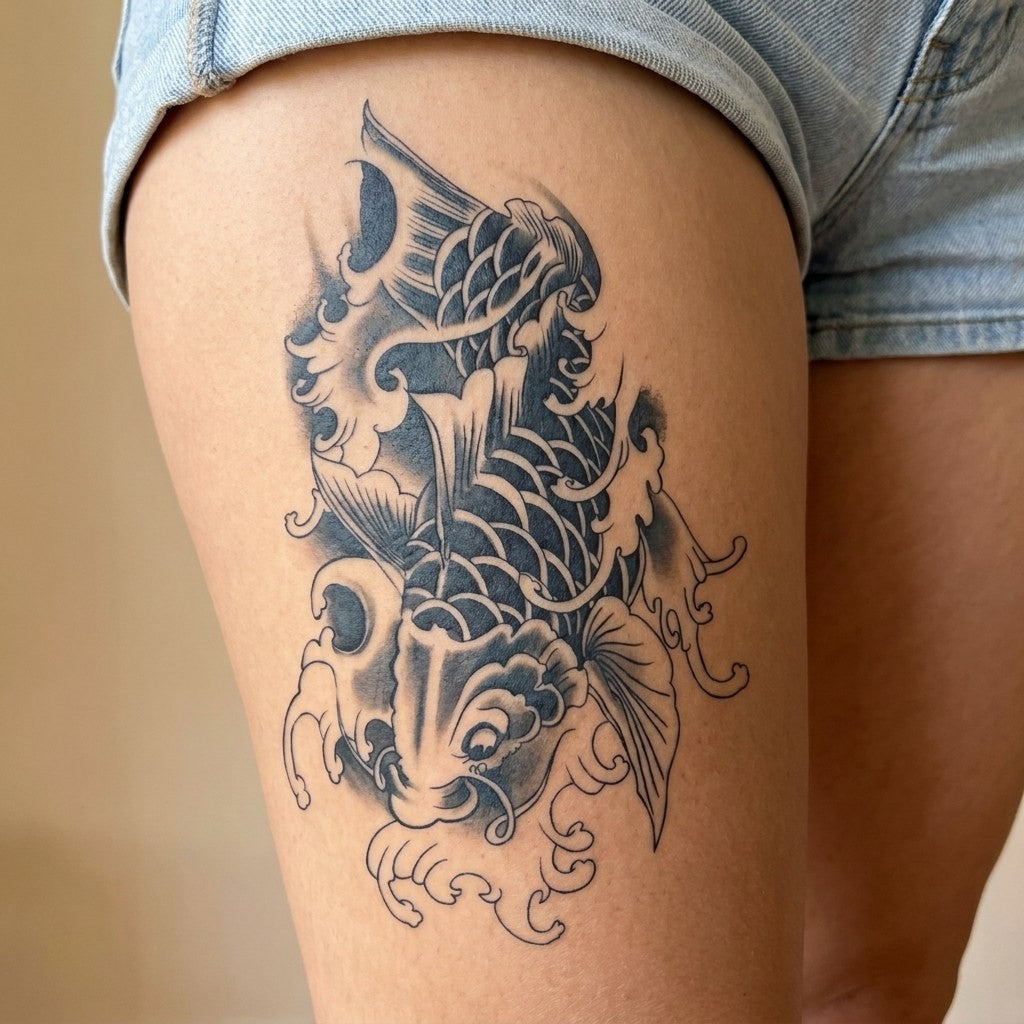 Tatuering i japansk stil med stor koi bland skummande vågor | Temporalis