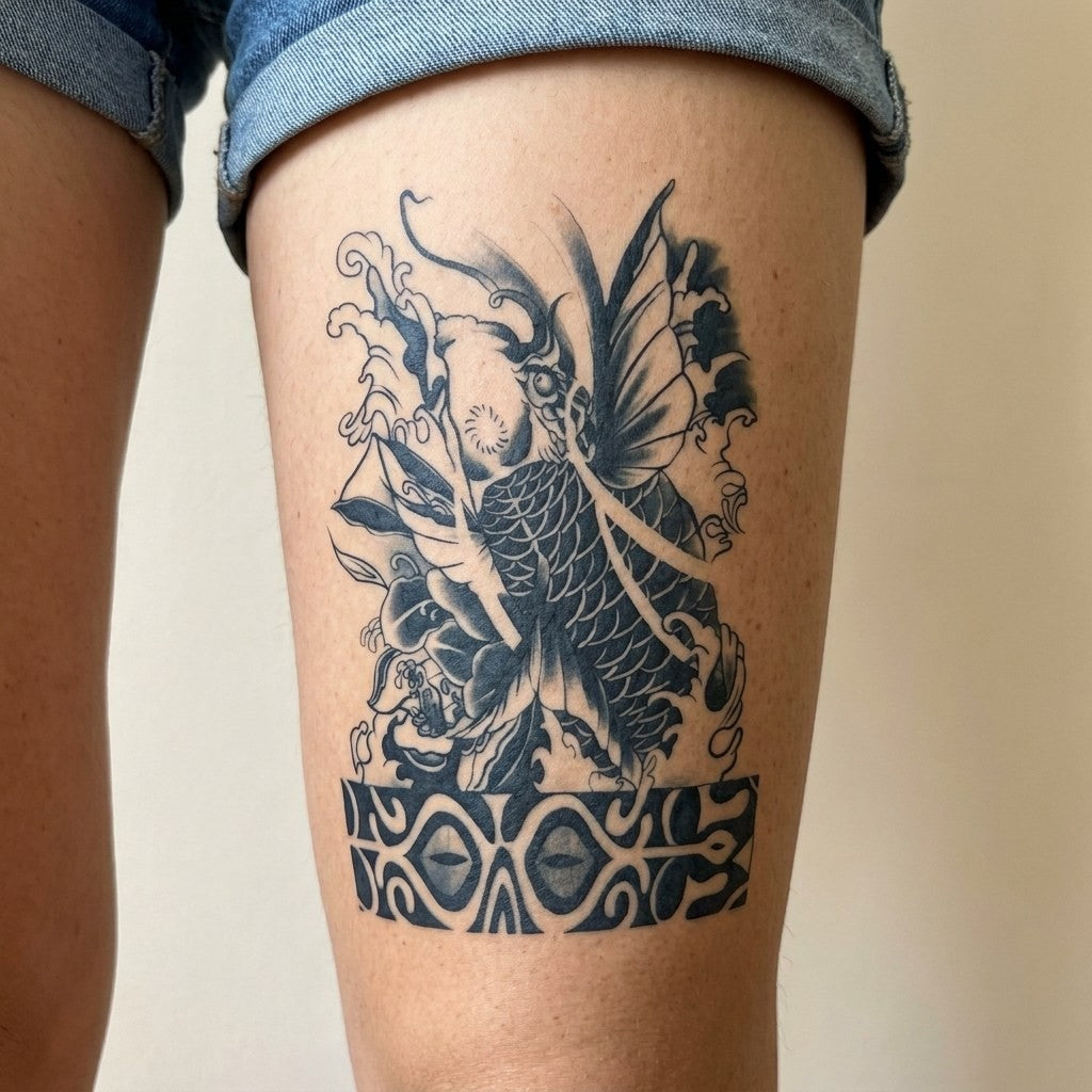Tatouage carpe koï au-dessus d'une bande tribale | Temporalis