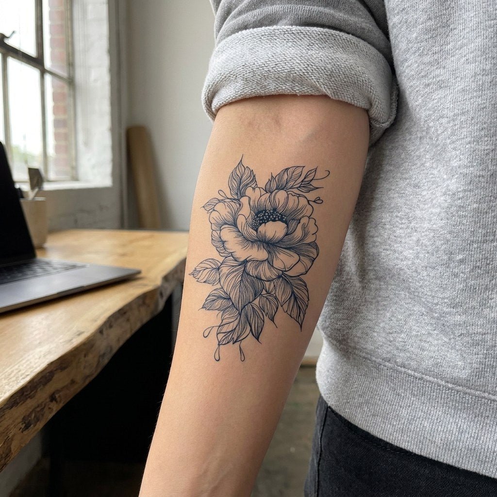 Linework Peony Tattoo - 1 | Temporalis