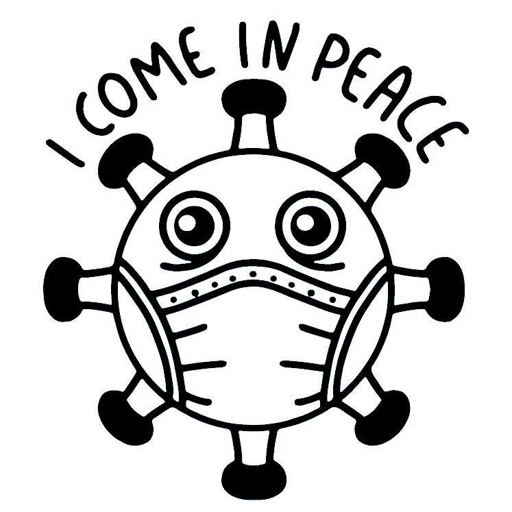 Masked virus temporary tattoo, cartoon style, 'I COME IN PEACE' - 2 | Temporalis