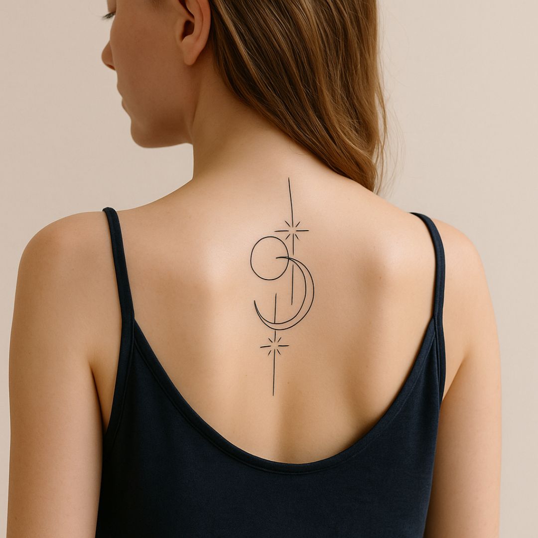 Minimalist line art crescent moon, circle and stars temporary tattoo - 1 | Temporalis