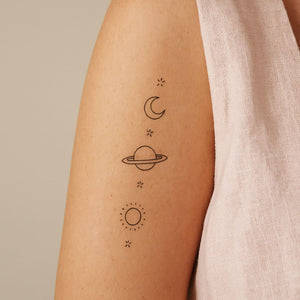 Moon, Saturn and sun temporary tattoo with stars - 1 | Temporalis
