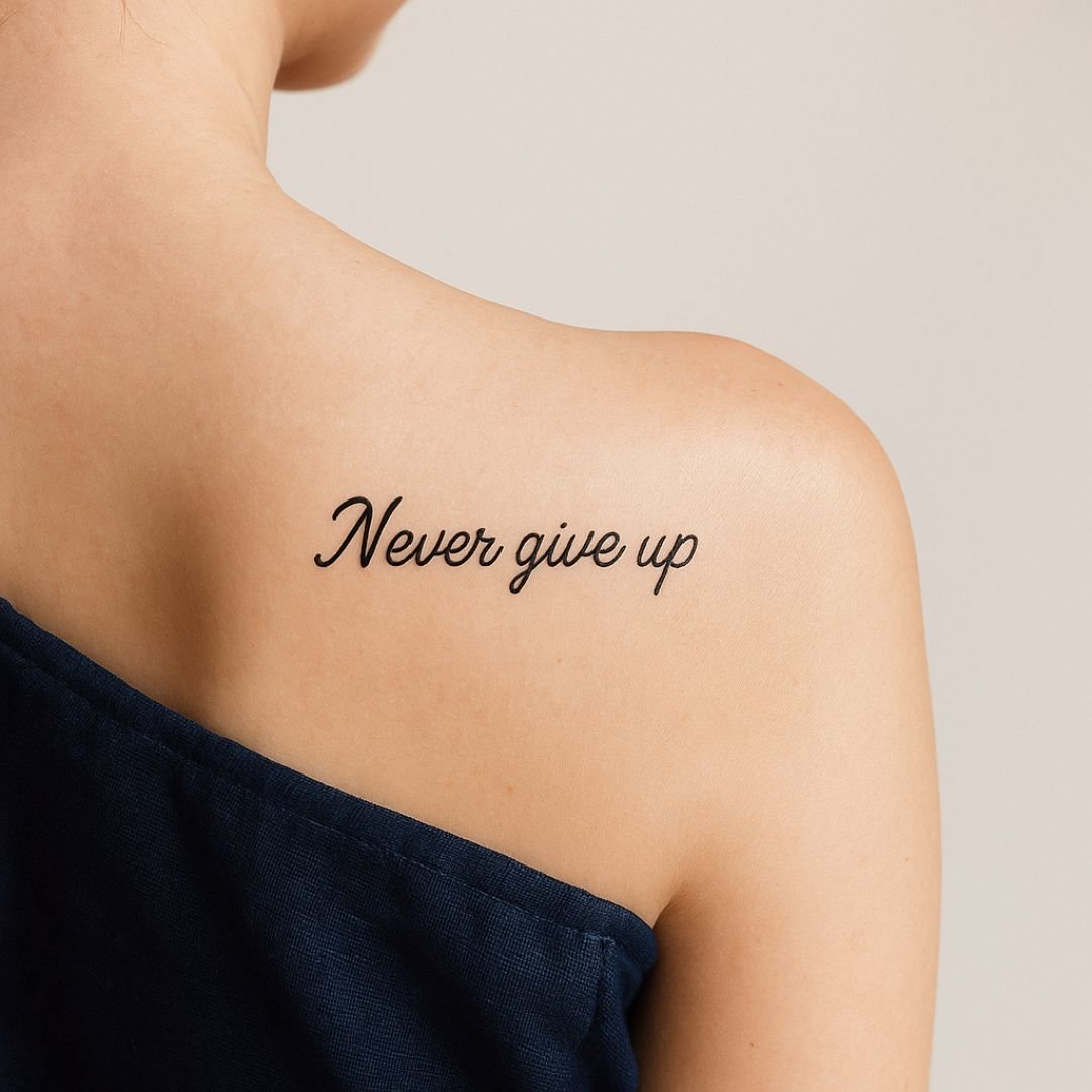 Never Give Up temporary tattoo, script lettering - 1 | Temporalis