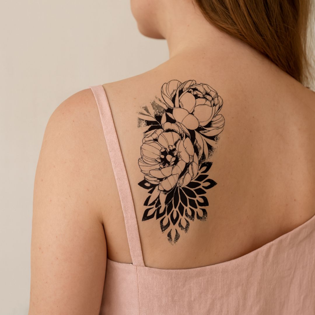 Peony temporary tattoo, engraving style - 1 | Temporalis