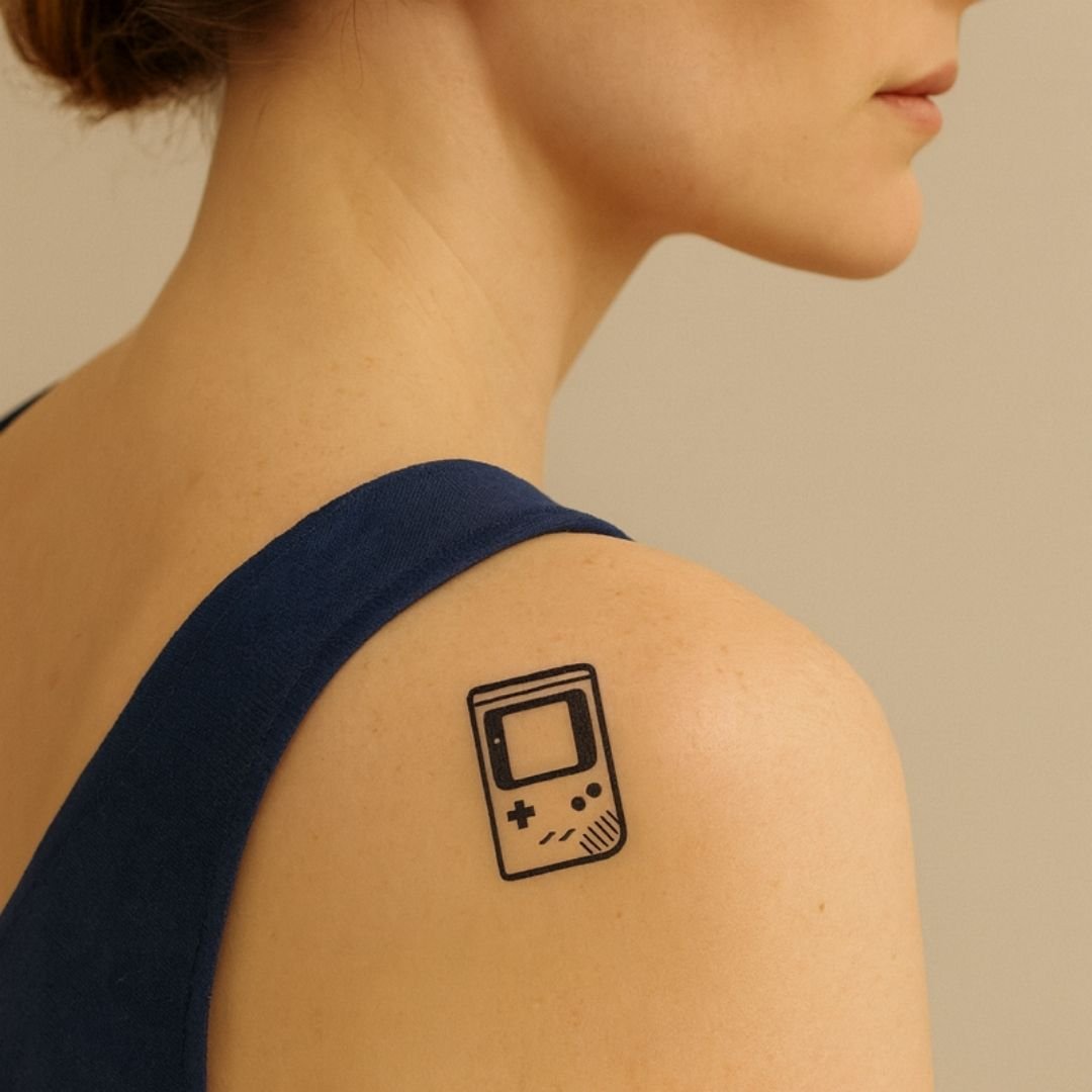 Retro handheld console temporary tattoo – minimalist line art - 1 | Temporalis