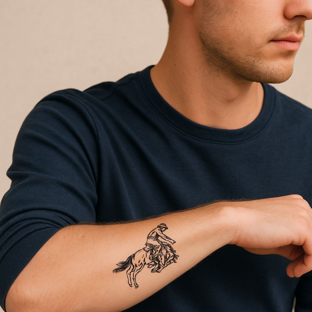 Rodeo cowboy on bucking horse temporary tattoo - 1 | Temporalis