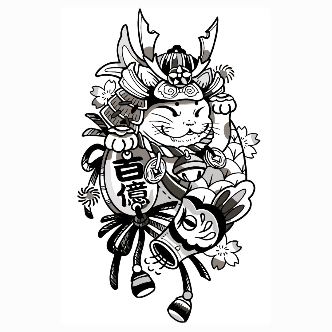Samurai lucky cat temporary tattoo with lantern - 2 | Temporalis