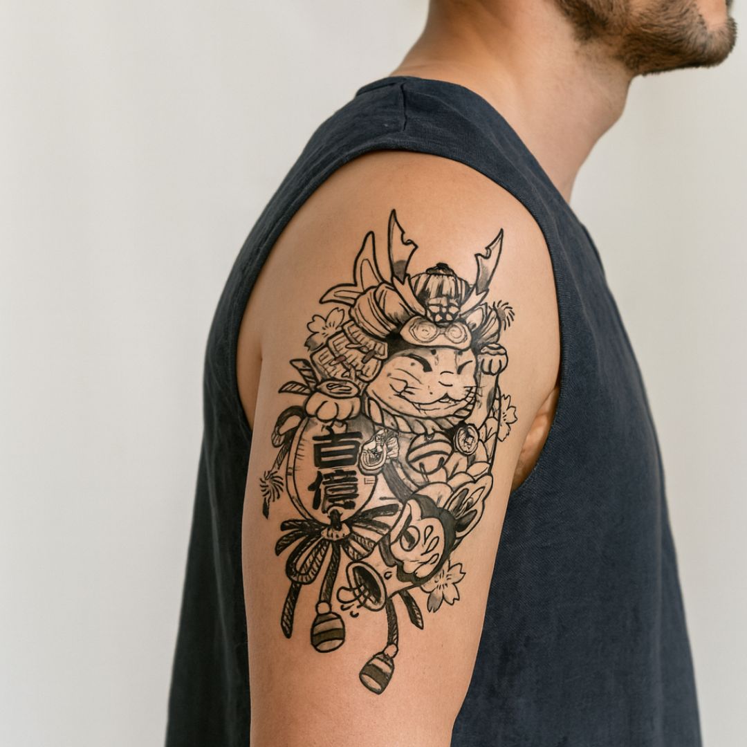 Samurai lucky cat temporary tattoo with lantern - 1 | Temporalis