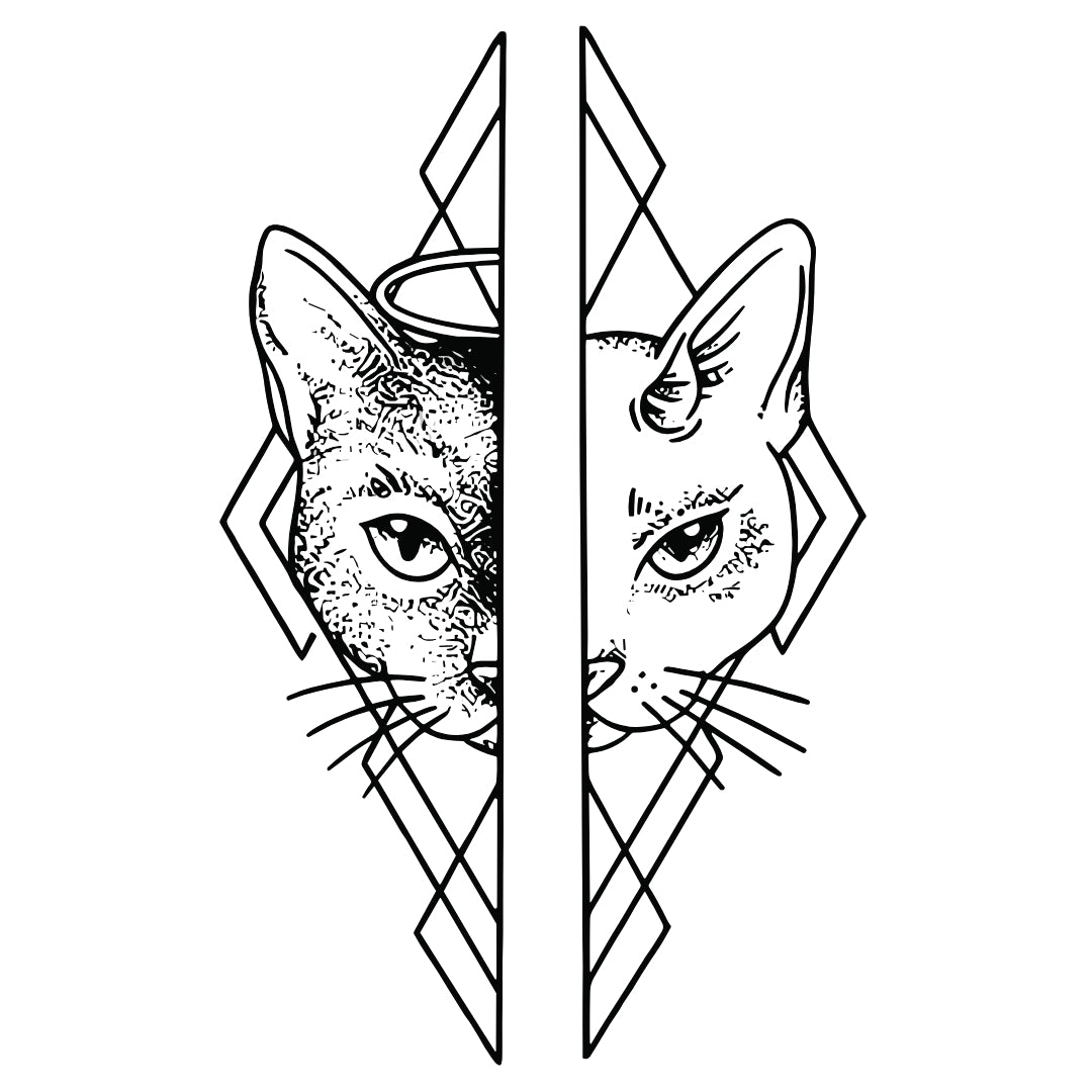 Split cat face temporary tattoo with geometric halo - 2 | Temporalis