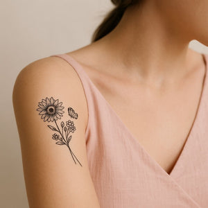 Sunflower & butterfly line art temporary tattoo - 1 | Temporalis