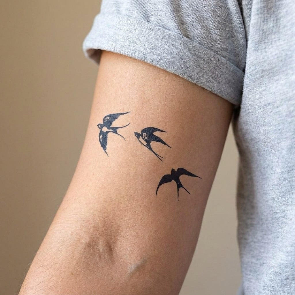 แทททูนกนางแอ่นสามตัว ถมดำทั้งตัว | Temporalis