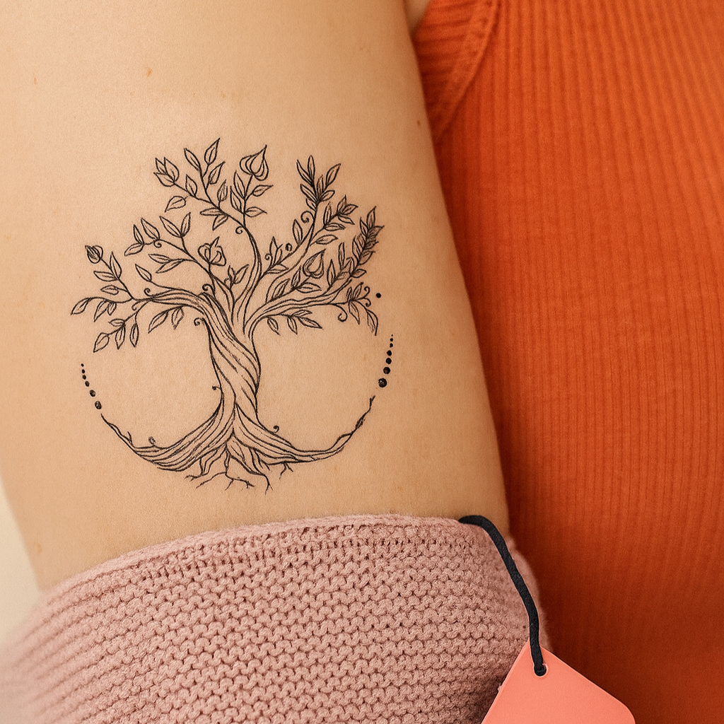 Tillfällig tatuering med ornamentalt träd med rötter