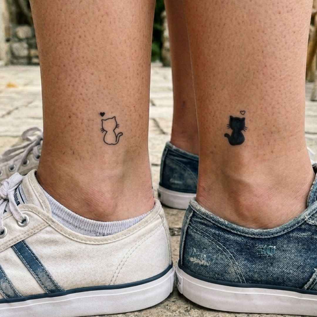 Two cats back - to - back temporary tattoo with hearts - 1 | Temporalis