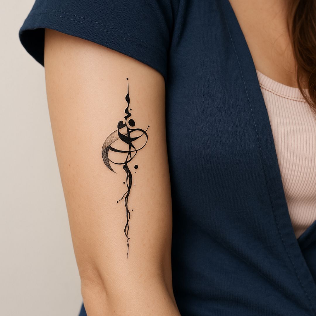 Vertical calligraphic flourish temporary tattoo with ink drops - 1 | Temporalis