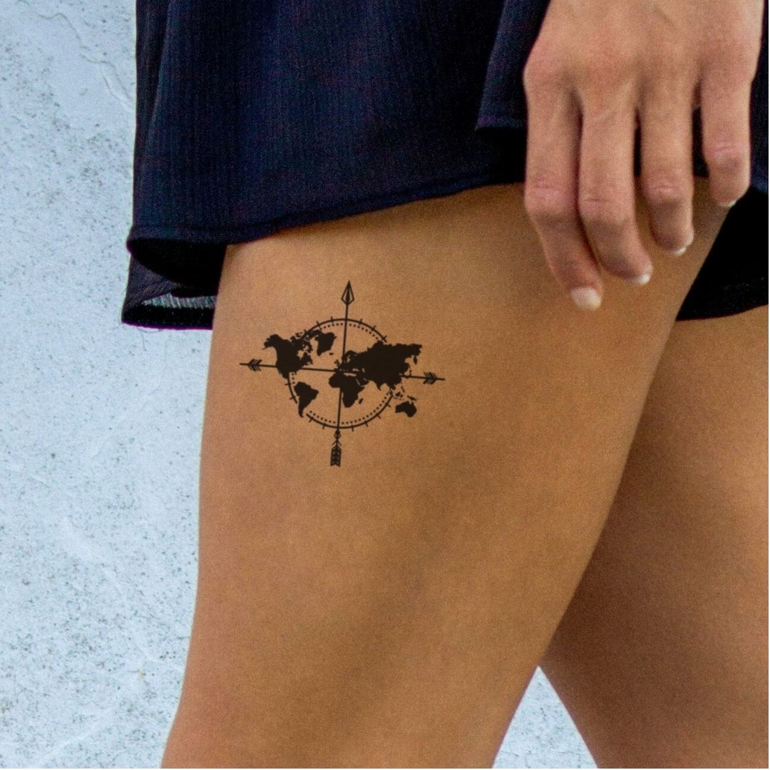World map in compass with crossed arrows temporary tattoo - 1 | Temporalis