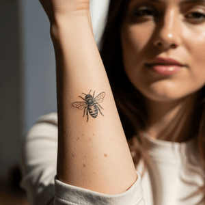 Fine-line bee tattoo in jagua ink on the inner forearm — Temporalis