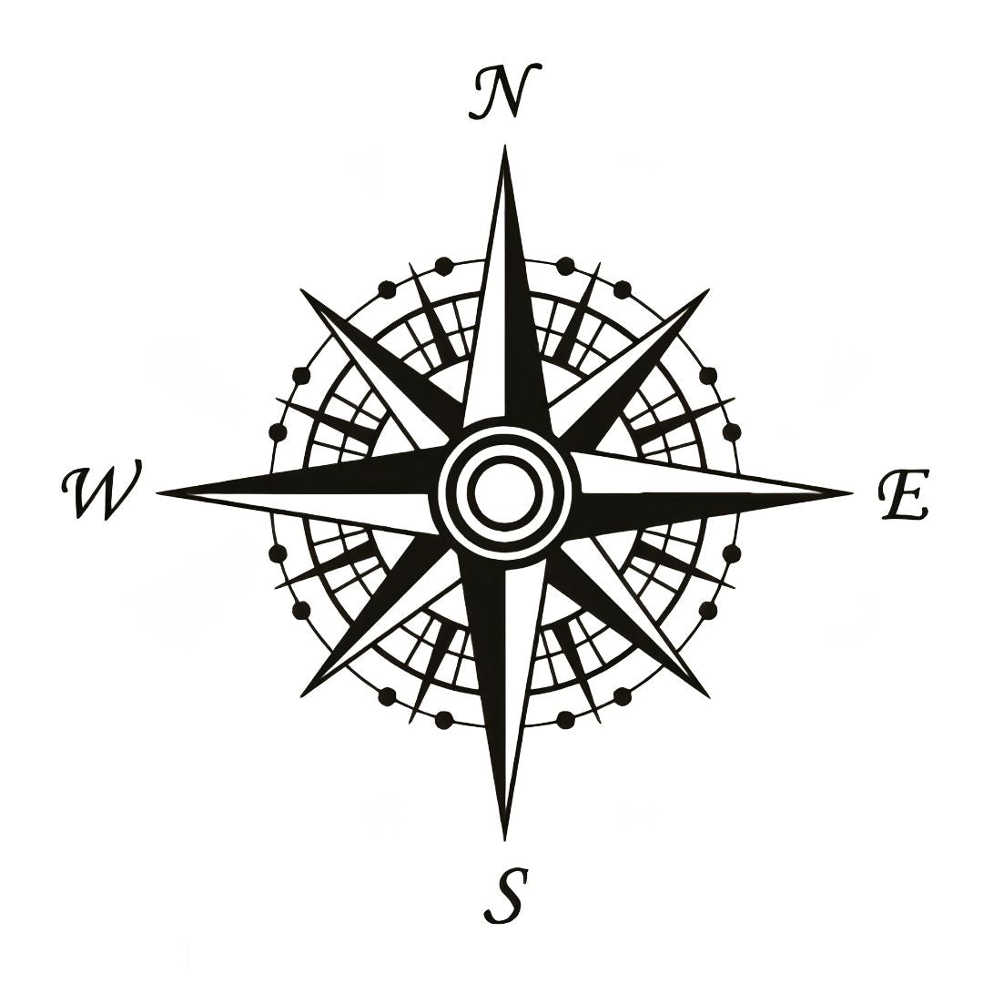 Classic wind rose compass temporary tattoo with eight points and N/S/E/W markers, blackwork style on white background.