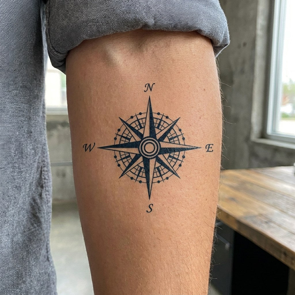 Classic wind rose compass temporary tattoo with eight points and N/S/E/W markers, blackwork style on white background.