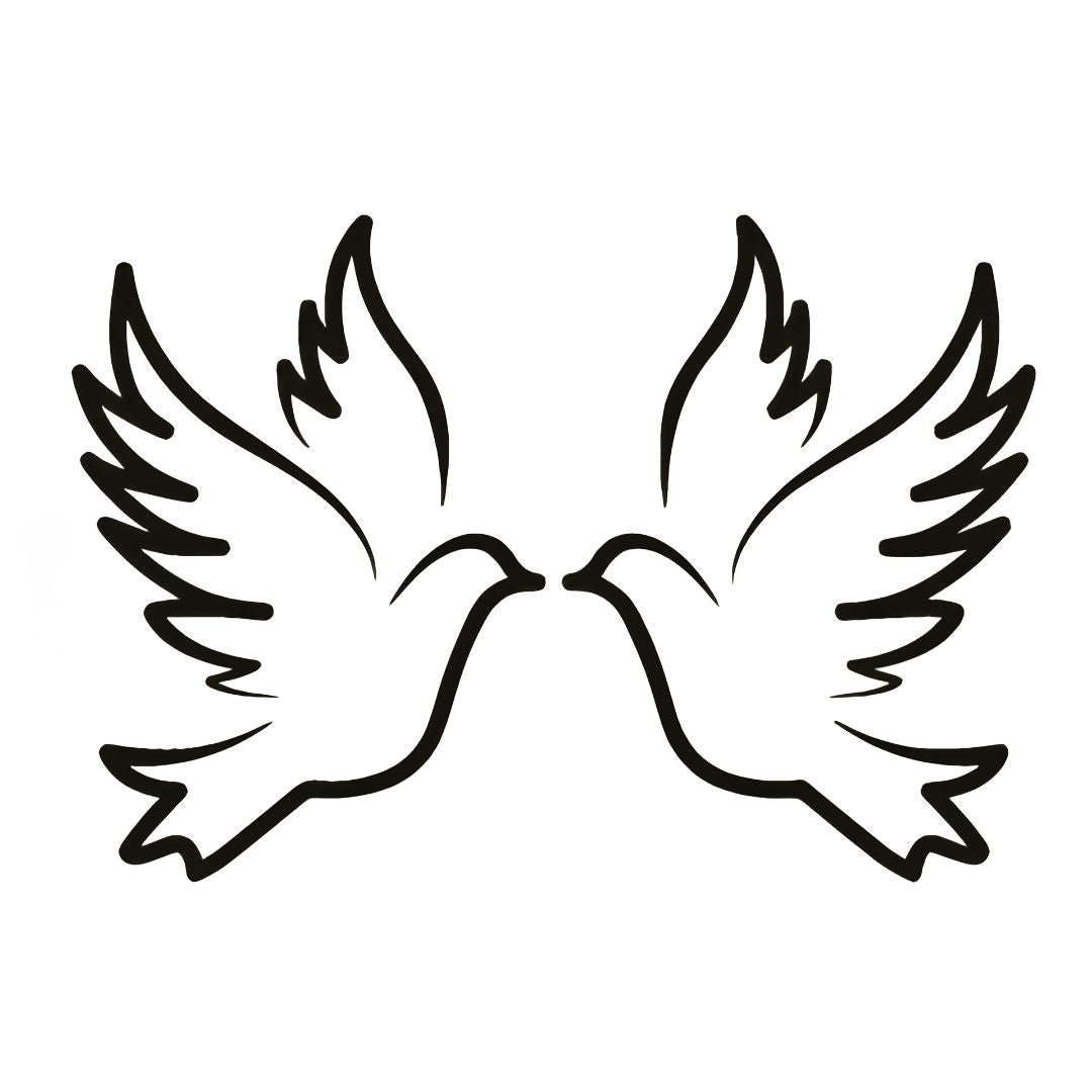 Two doves kissing temporary tattoo, mirrored linework birds with wings spread on white background.