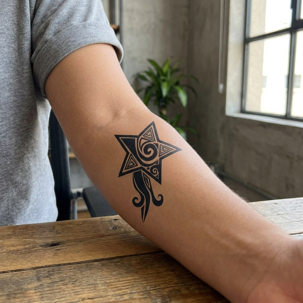 Tribal shooting star temporary tattoo with nested triangles, spiral fill and curling wave tail, bold blackwork on white background.