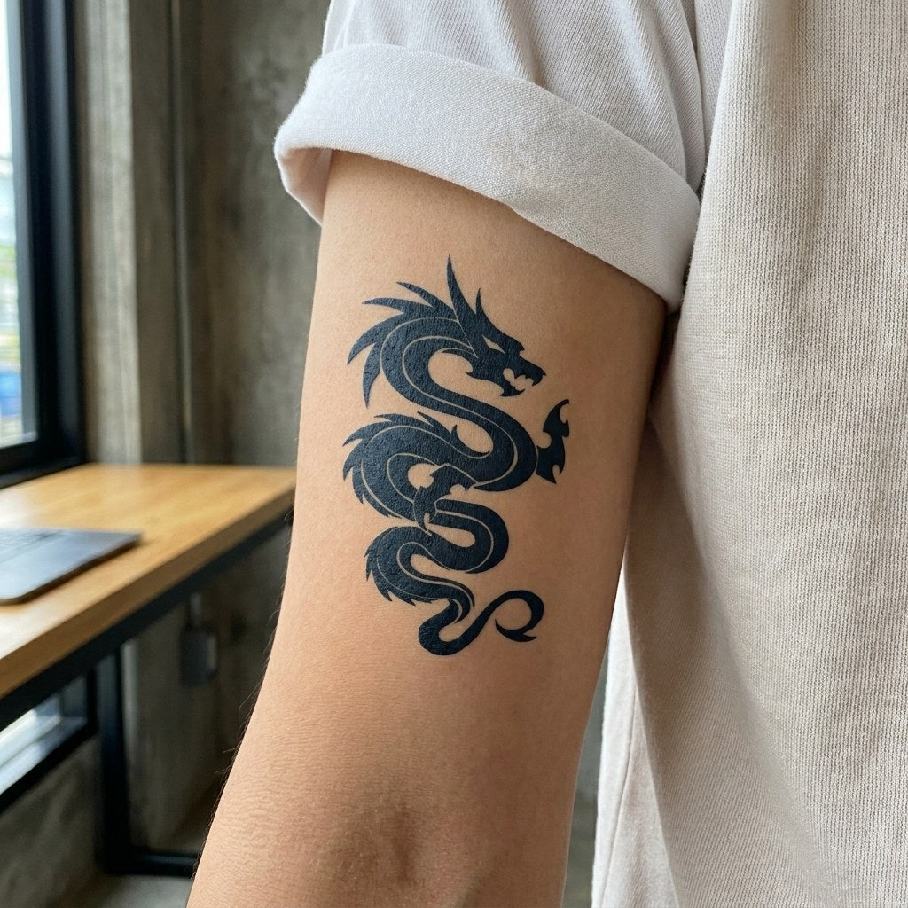 Japanese dragon silhouette temporary tattoo in solid blackwork, S-curve coiling body with raised head, on white background.