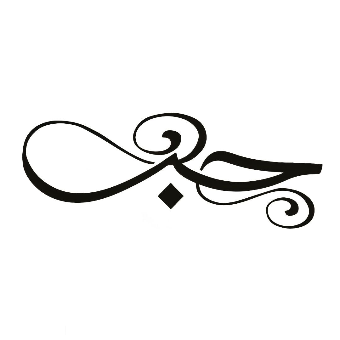 Arabic calligraphy script temporary tattoo with sweeping flourishes and diamond diacritic, fine linework on white background.