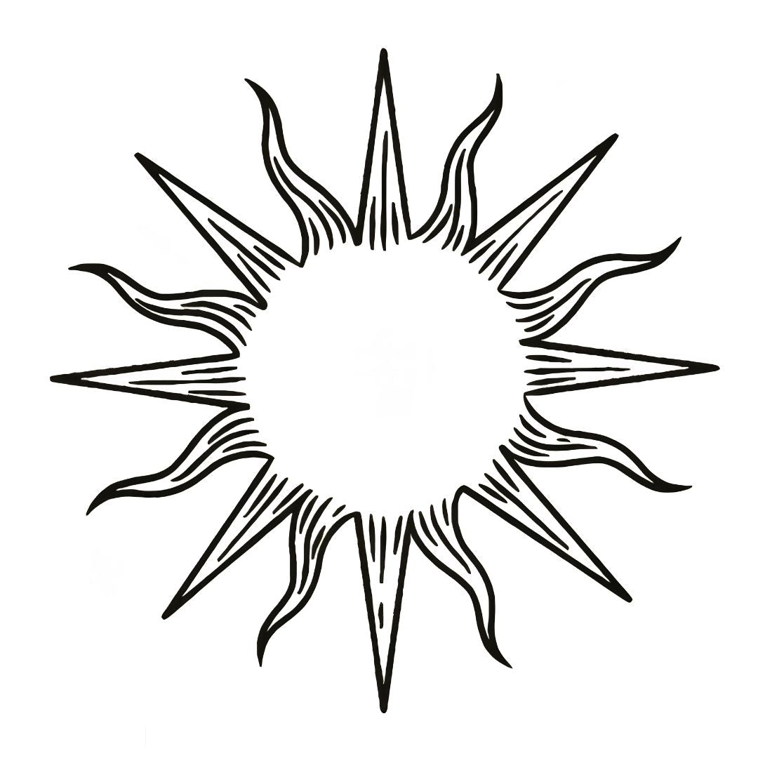 Sketch style sun temporary tattoo with long tapered radiating rays and fine inner line detail on white background.