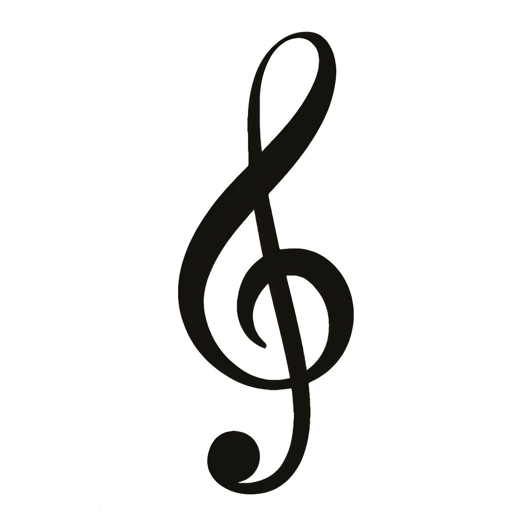 Solid treble clef music symbol temporary tattoo in deep black on white background, minimalist and clean.