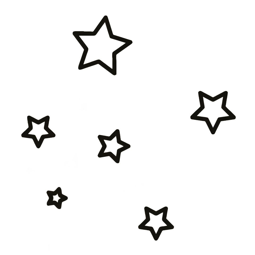Scattered outline stars temporary tattoo cluster of six stars in varying sizes, minimalist linework on white background.