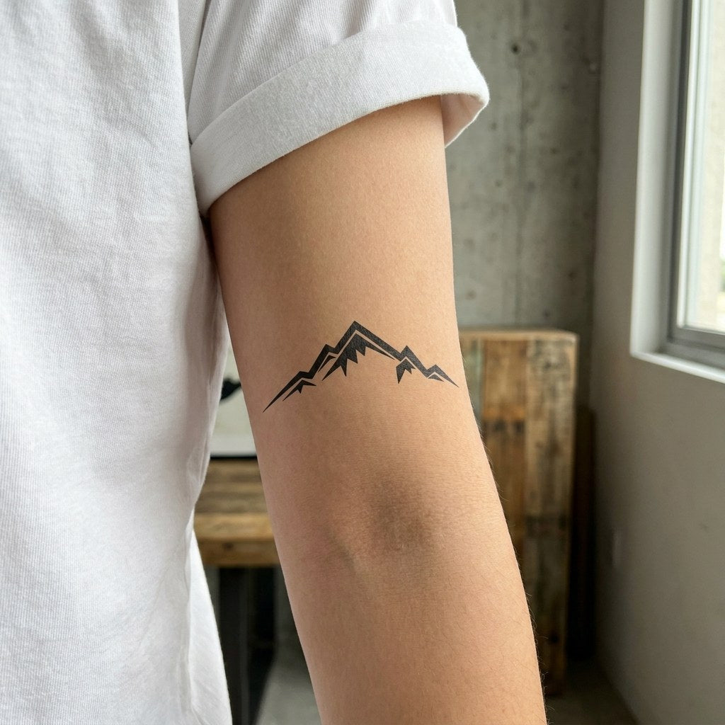 Geometric blackwork mountain range temporary tattoo with angular peaks and white highlights on white background.
